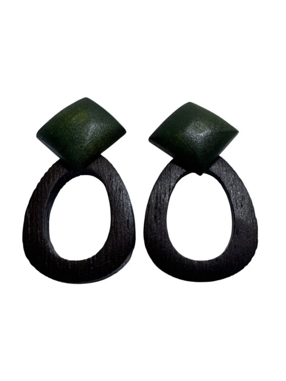Green Brown Wood Geometric Dangle Earrings Open Oval Statement Boho Pierced
